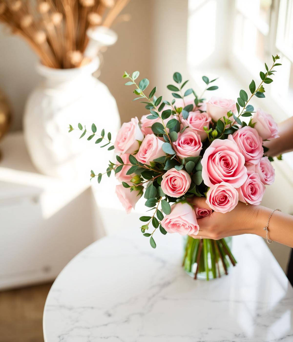 Florist arranging pink roses and eucalyptus on a marble table