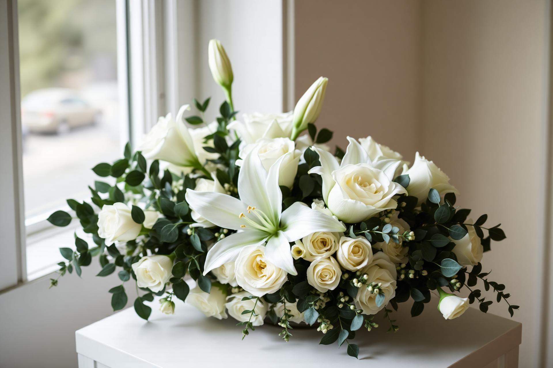 White lilies and roses sympathy arrangement in soft window light
