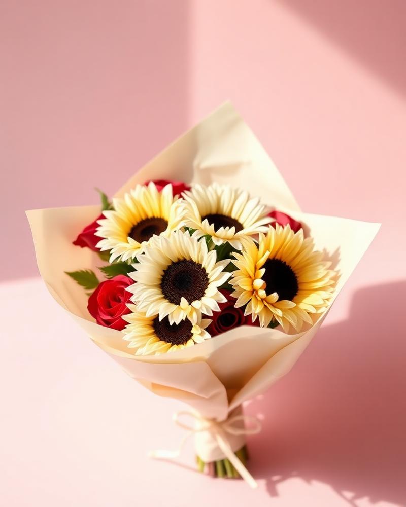 Sunflower, White & Red Roses